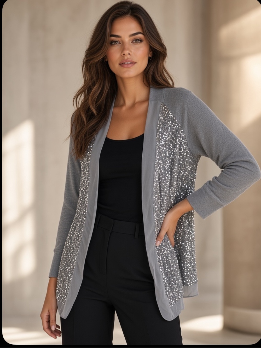 Boston Proper Sparkle Drape Front Sequins Gray Cardigan sz S